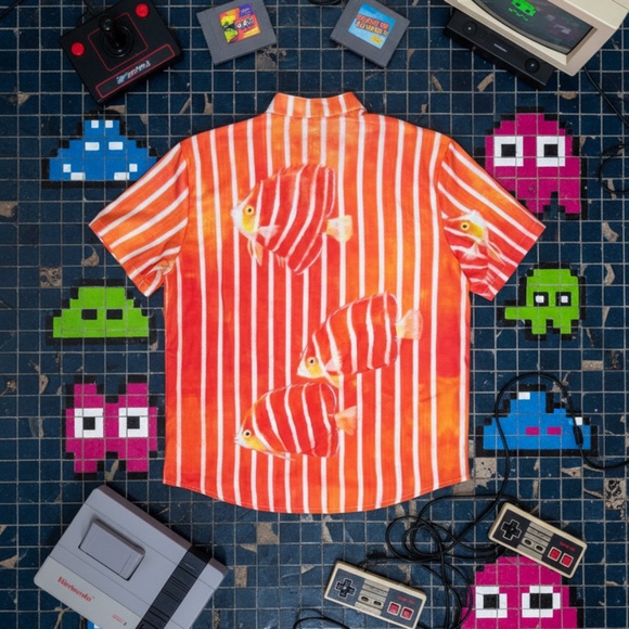 Striped Fish Print Button-Up Shirt Orange Regular - Picture 2 of 6